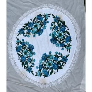 Bold Floral Terrycloth Tablecloth Cover 54" Round Fringed Patio Decor Vintage